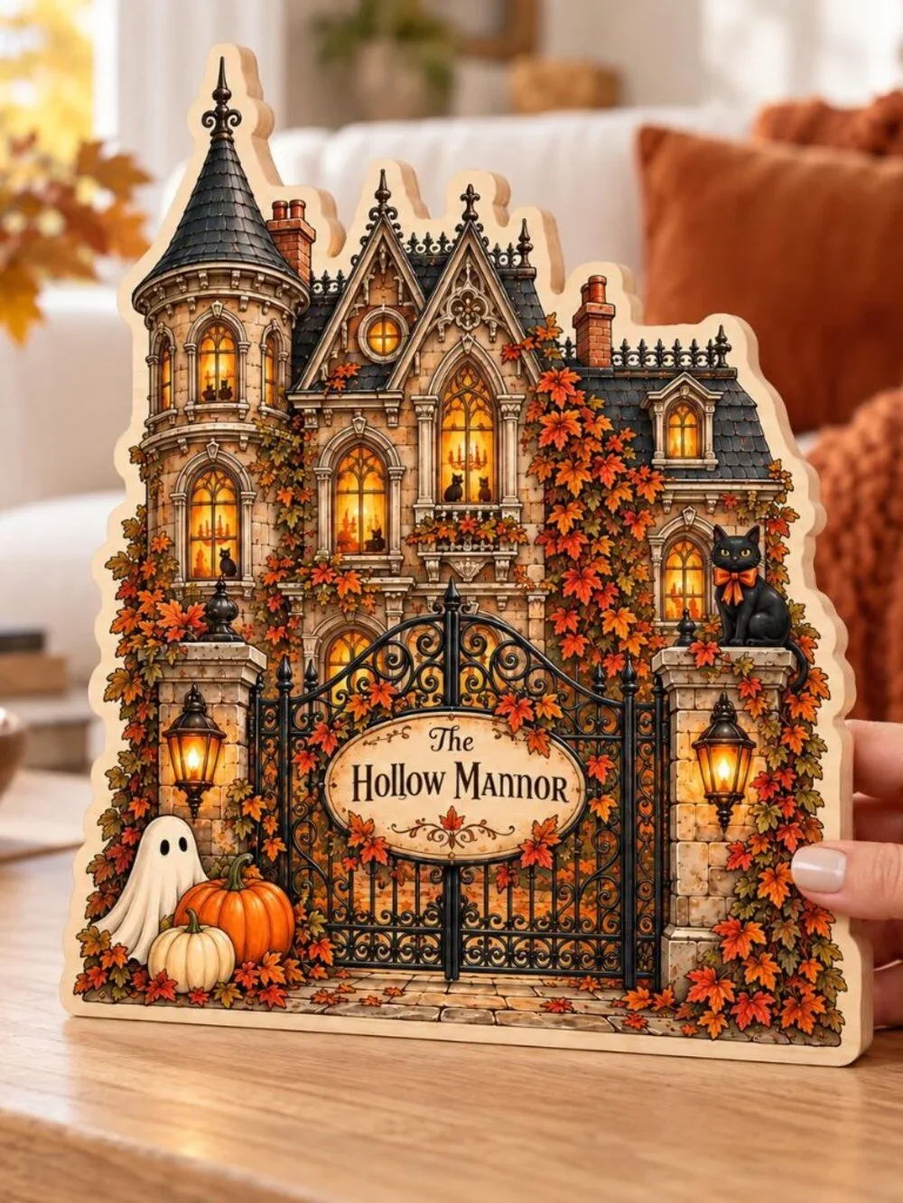 Halloween Hollow Manor 2D Flat Wooden Block, Vintage Haunted House Shelf Sitter